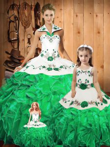 Sleeveless Floor Length Embroidery and Ruffles and Bowknot Lace Up Ball Gown Prom Dress with Green