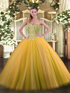 Most Popular Gold Tulle Lace Up Sweetheart Sleeveless Floor Length Sweet 16 Quinceanera Dress Beading