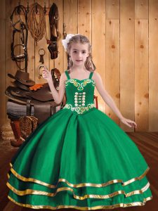 Green Lace Up Straps Embroidery and Ruffled Layers Glitz Pageant Dress Organza Sleeveless