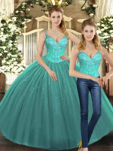 Turquoise Two Pieces Straps Sleeveless Tulle Floor Length Lace Up Beading Quince Ball Gowns