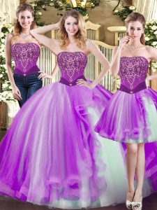 Cute Ball Gowns Sweet 16 Quinceanera Dress Eggplant Purple Strapless Tulle Sleeveless Floor Length Lace Up