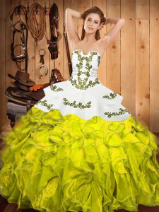Chic Sleeveless Satin and Organza Floor Length Lace Up Quince Ball Gowns in Yellow Green with Embroidery and Ruffles