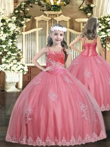 Latest Floor Length Lace Up High School Pageant Dress Watermelon Red for Party and Sweet 16 and Quinceanera and Wedding Party with Appliques