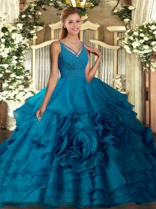 Ideal Teal V-neck Neckline Ruffled Layers 15 Quinceanera Dress Sleeveless Side Zipper