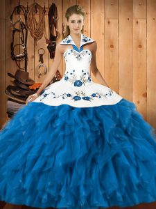 Spectacular Teal Sleeveless Satin and Organza Lace Up Sweet 16 Dresses for Military Ball and Sweet 16 and Quinceanera