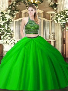 Glamorous Green Sweet 16 Quinceanera Dress Military Ball and Sweet 16 and Quinceanera with Beading and Ruching Halter Top Sleeveless Zipper