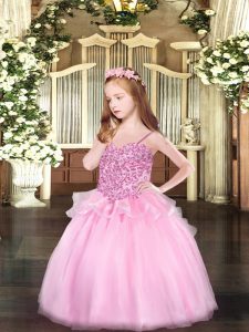 Floor Length Pink Little Girls Pageant Dress Organza Sleeveless Appliques