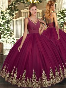High Quality Floor Length Burgundy Quinceanera Gown V-neck Sleeveless Backless