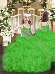 Green Ball Gowns Beading and Ruffles Little Girls Pageant Gowns Lace Up Organza Sleeveless Floor Length