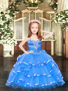 Pretty Blue Sleeveless Organza Lace Up Little Girls Pageant Dress for Party and Quinceanera