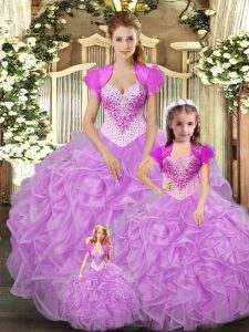 High End Floor Length Baby Pink Sweet 16 Dress Tulle Sleeveless Beading and Ruffles