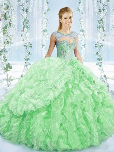 Fine Sleeveless Organza Brush Train Lace Up Vestidos de Quinceanera in Apple Green with Beading and Ruching