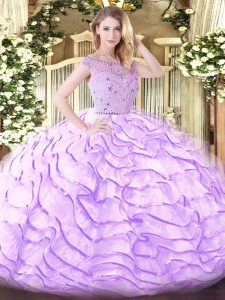 Best Lavender 15th Birthday Dress Tulle Sweep Train Sleeveless Beading and Ruffled Layers
