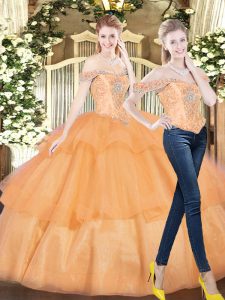 Beautiful Organza Off The Shoulder Sleeveless Lace Up Beading and Ruffled Layers Sweet 16 Dresses in Orange Red