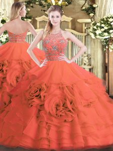 Red Tulle Zipper Halter Top Sleeveless Floor Length Quinceanera Gowns Beading and Ruffled Layers