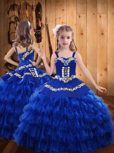 Stylish Straps Sleeveless Chiffon Child Pageant Dress Embroidery and Ruffled Layers Lace Up