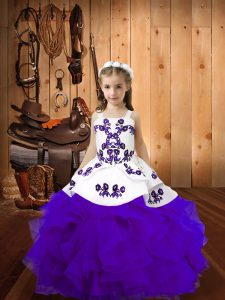 Gorgeous Eggplant Purple Straps Neckline Embroidery and Ruffles Pageant Gowns For Girls Sleeveless Lace Up