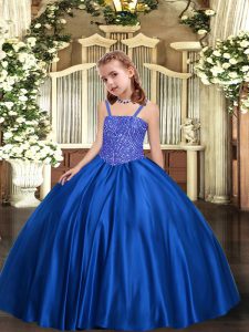 Satin Straps Sleeveless Lace Up Beading Little Girls Pageant Dress in Royal Blue