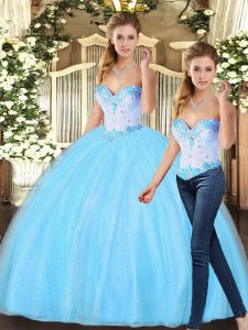 Baby Blue Two Pieces Sweetheart Sleeveless Tulle Floor Length Lace Up Beading Quinceanera Gowns