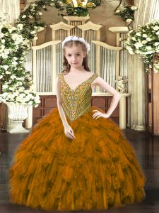 Brown Little Girls Pageant Dress Wholesale Party and Quinceanera with Beading and Ruffles V-neck Sleeveless Lace Up