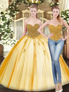 Tulle Sweetheart Sleeveless Lace Up Beading and Appliques Vestidos de Quinceanera in Gold