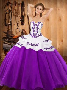 Sexy Floor Length Lace Up Sweet 16 Quinceanera Dress Eggplant Purple for Military Ball and Sweet 16 and Quinceanera with Embroidery