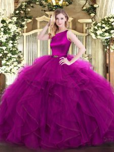 Fuchsia Organza Clasp Handle Quince Ball Gowns Sleeveless Floor Length Ruffles