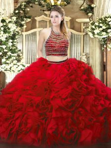 Sophisticated Two Pieces 15 Quinceanera Dress Red Halter Top Tulle Sleeveless Floor Length Zipper