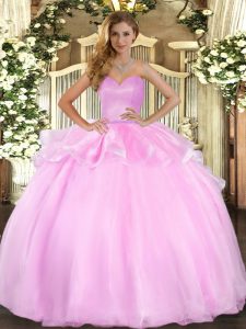 Deluxe Pink Organza Lace Up Sweetheart Sleeveless Floor Length Sweet 16 Dresses Beading and Ruffles