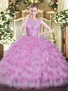 Vintage Lilac Ball Gowns Tulle Scoop Sleeveless Beading and Ruffled Layers Floor Length Backless Quinceanera Gown