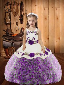 Sleeveless Fabric With Rolling Flowers Floor Length Lace Up Pageant Dress Toddler in Multi-color with Embroidery and Ruffles