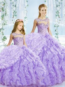 Suitable Floor Length Lavender Sweet 16 Dress Organza Sleeveless Beading and Ruffles