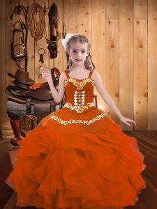 Orange Red Straps Lace Up Embroidery and Ruffles Girls Pageant Dresses Sleeveless