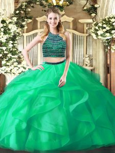 Classical Halter Top Sleeveless Quinceanera Dresses Floor Length Beading and Ruffles Turquoise Organza