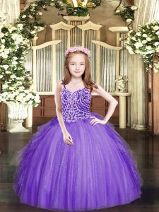 Spaghetti Straps Sleeveless Pageant Dress for Teens Floor Length Beading and Ruffles Lavender Tulle