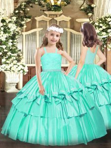 Turquoise Ball Gowns Beading and Lace Little Girls Pageant Gowns Zipper Organza Sleeveless Floor Length