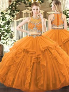 Superior Floor Length Orange Vestidos de Quinceanera Tulle Sleeveless Beading and Ruffles
