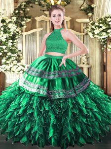 Classical Dark Green 15th Birthday Dress Military Ball and Sweet 16 and Quinceanera with Beading and Embroidery and Ruffles Halter Top Sleeveless Backless