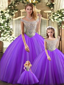 Purple Ball Gowns Tulle Bateau Sleeveless Beading Floor Length Lace Up Quince Ball Gowns