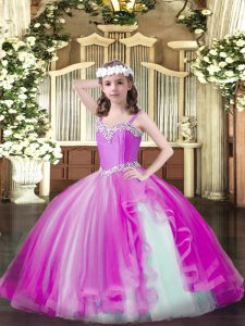 Modern Fuchsia Sleeveless Tulle Lace Up Little Girls Pageant Dress for Party and Quinceanera