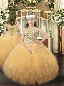 Trendy Organza Sleeveless Floor Length Little Girls Pageant Gowns and Beading and Ruffles