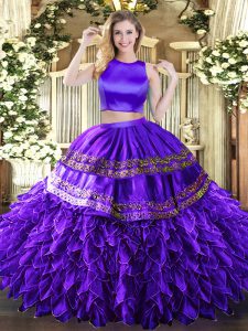 Fashionable Floor Length Two Pieces Sleeveless Purple Quinceanera Gown Criss Cross