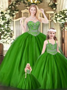 Sweet Tulle Sweetheart Sleeveless Lace Up Beading Quinceanera Dresses in Green