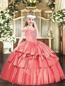 Sleeveless Floor Length Beading and Ruffled Layers Lace Up Glitz Pageant Dress with Coral Red