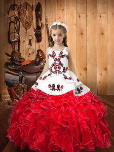 High Class Red Ball Gowns Embroidery and Ruffles Little Girl Pageant Dress Lace Up Organza Sleeveless Floor Length