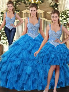 Deluxe Sleeveless Floor Length Beading and Ruffles Lace Up Vestidos de Quinceanera with Teal