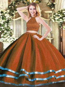 Pretty Floor Length Backless Quince Ball Gowns Rust Red for Military Ball and Sweet 16 and Quinceanera with Beading