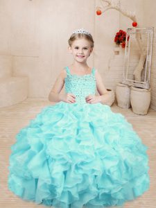 Low Price Floor Length Aqua Blue Child Pageant Dress Organza Sleeveless Beading and Ruffles