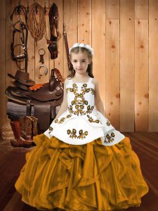 Floor Length Lace Up Pageant Gowns For Girls Brown for Sweet 16 and Quinceanera with Embroidery and Ruffles