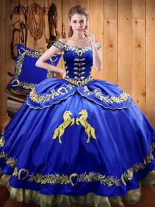 Fancy Royal Blue Satin and Organza Lace Up Off The Shoulder Sleeveless Floor Length Sweet 16 Dresses Beading and Embroidery